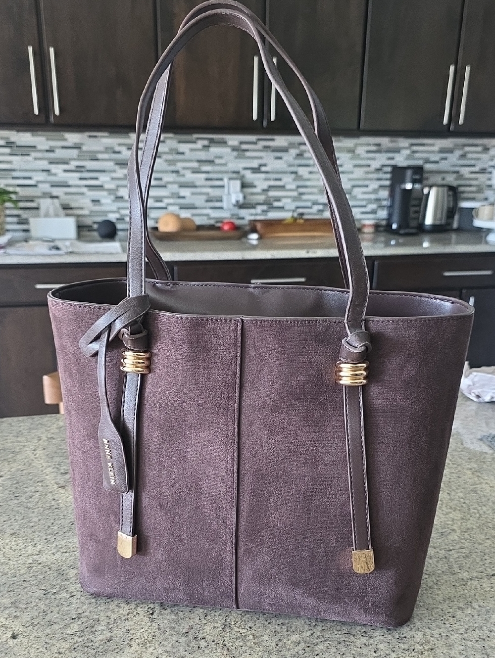 Anne Klein Classic Brown Faux Suede Tote Bag with Gold Accents